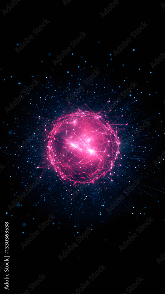 Poster pink glowing plexus sphere emitting light particles in dark space, network connections, digital data