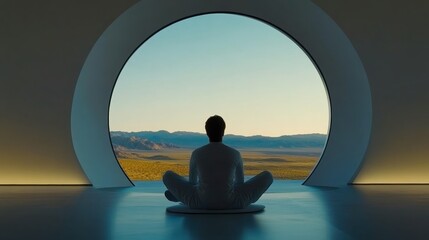Contemplation by a Circular Window: A Man Meditates Before a Vast Desert Landscape