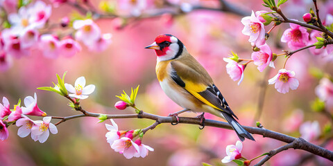A vibrant goldfinch sits on a branch, surrounded by delicate pink cherry blossoms during spring. The scene captures the beauty of nature and wildlife harmony