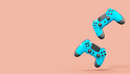 Realistic blue video game joysticks or gamepads on pink background © Vasyl Onyskiv