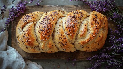 World baking day with homemade bread concept. Freshly baked braided bread with herbs and lavender accents.