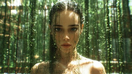 A mesmerizing close-up of a woman partially veiled in natural elements showcases beauty and vulnerability, merging human emotion with a lush green environment.