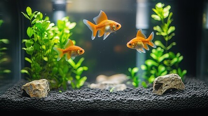 Obraz na płótnie Canvas Goldfish in a home aquarium. Healthy fish swimming in a well-maintained tank with aquatic plants and rocks