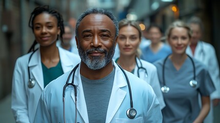 Doctors walking hospital corridor