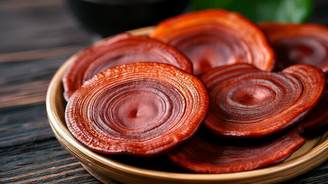 Close-up of ganoderma mushroom slices on a wooden plate