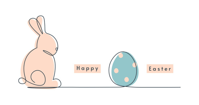 Easter bunny drawing with one continuous line. Cute rabbit with egg in single line. Silhouette in simple linear style. Editable stroke. Minimalistic vector illustration. Postcard or web banner design.