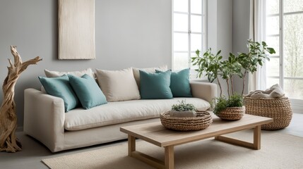 A serene modern living room with a beige sofa, a low wooden coffee table, and soft pastel teal throw pillows