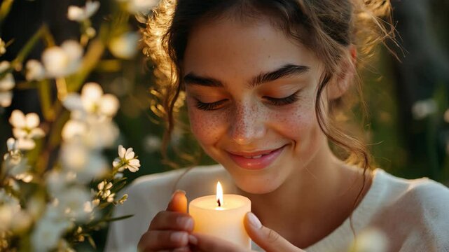 Imbolc. Young caucasian female holding candle surrounded by flowers at dusk