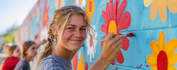 Students create a vibrant mural on a school wall during an art project in the local community