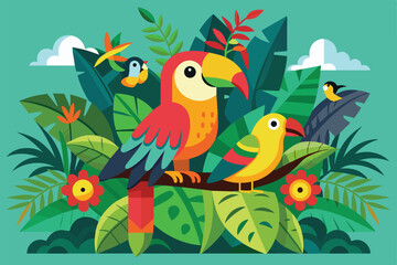 Naklejka premium Two tropical birds sit on a branch surrounded by colorful foliage and flowers in a lively design, Tropical birds Customizable Flat Illustration