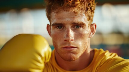 Focused Young Boxer in Yellow Gloves Preparing for a Match Outdoors