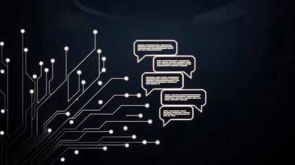 Minimalistic neon-lit cybernetic speech bubbles in a digital matrix