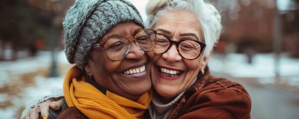 Two seniors sharing a joyful hug and laughter while reminiscing about cherished memories in a winter park setting