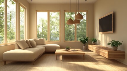 Fototapeta premium A sleek and modern living room with beige walls and warm wooden furniture