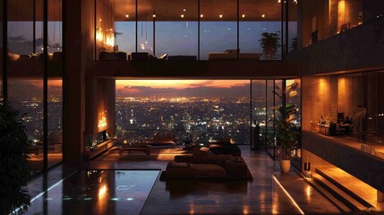 Modern penthouse living room with city skyline views at sunset. Interior design featuring a large open-plan living area with floor-to-ceiling windows.