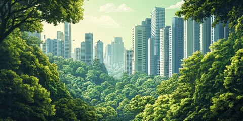 Fototapeta premium A vibrant green forest scene leading to a distant city