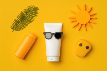 Summer Skincare Essentials: Sunscreen and Sunlit Accessories on Vibrant Yellow Background