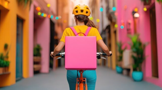 Vibrant Urban Cycling: Stylish Female Courier Navigates Colorful City Streets