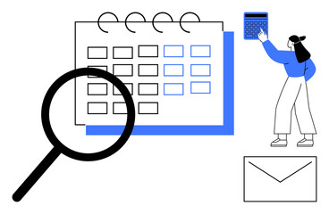 Magnifying glass highlighting calendar grid, person interacting with calculator, envelope icon. Ideal for scheduling, planning, productivity, organization, time management analysis reminders. Flat