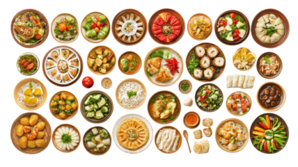 Colorful display of various traditional dishes served on wooden plates in a vibrant arrangement