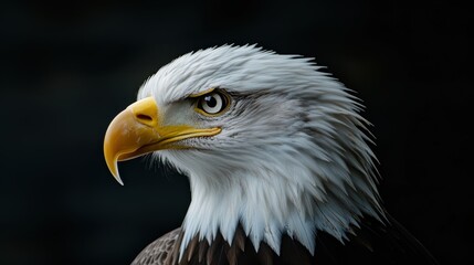 Obraz premium Majestic bald eagle perched with piercing gaze against dark background, showcasing strength and beauty in its vibrant plumage Generative AI