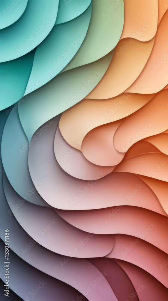 Poster Colorful wavy shapes overlapping dynamically, generating vibrant abstract design with depth and fluid visual energy