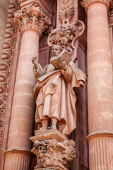 Detail of the facade of the beautiful historic Church of Santa Prisca built between 1751 and 1759 located on the east side of the main plaza of Taxco de Alarcon.