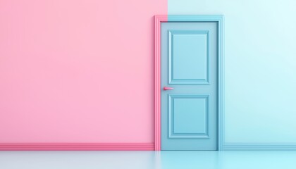 Stunning Pastel Door On Vibrant Blue And Pink Wall: Beautifully Rendered Artwork Capturing Creativity And Bold Color Combinations.