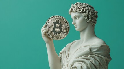 Marble Statue Holding Cryptocurrency Coin With Green Background