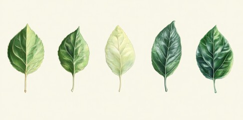 Five detailed watercolor botanical illustrations of different colored leaves