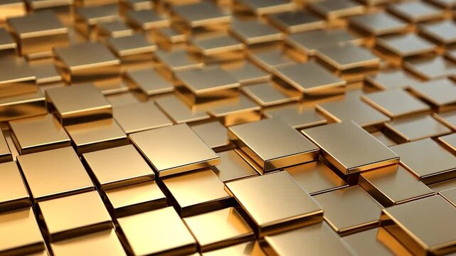 A close-up view of shiny golden square tiles arranged in a modern pattern, reflecting light