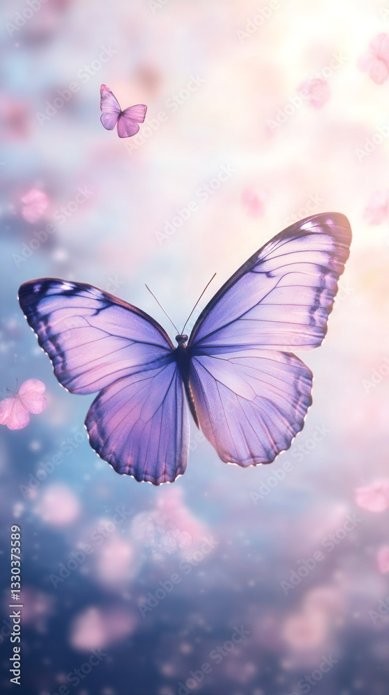 Poster purple butterfly hovering near soft pink petals, generating ethereal bokeh effect with dreamy pastel