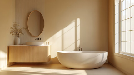 A beige minimalist bathroom with a sleek vanity, an oval mirror, a sink, a bathtub, and soft sunlight enhancing its design. 3D rendering