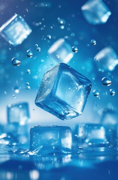 Cubos de hielo flotando en el aire en un ambiente refrescante.