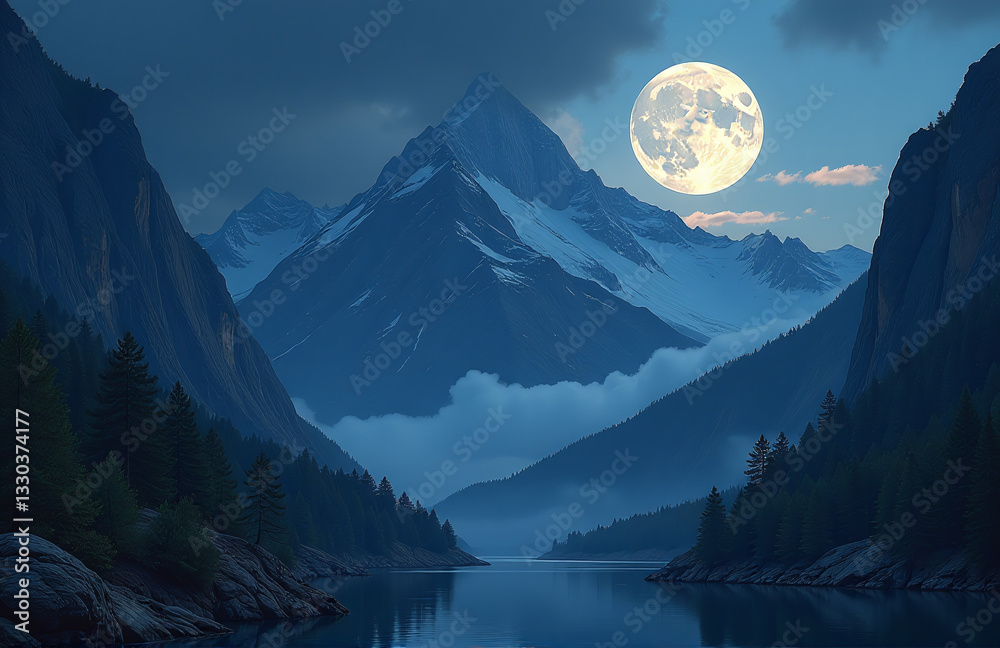 Poster a serene and mystical mountain landscape is depicted, surrounded by cliffs, illuminated by the encha
