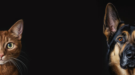 A cat and a dog symmetrically positioned against a dark background with space for text in the center. The concept represents contrast, choice, and companionship. Generated AI.
