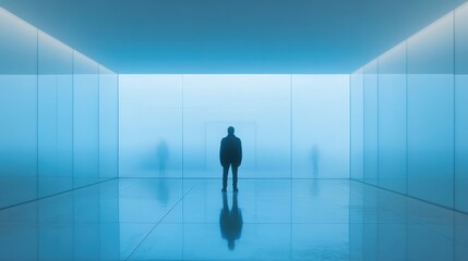 Fototapeta premium Solitary Figure in a Blue-Lit Minimalist Room: A Study in Isolation and Contemplation