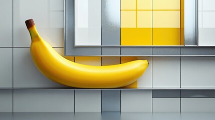 Ripe banana on a modern kitchen shelf.