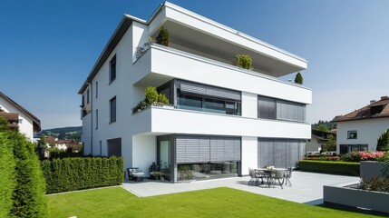 Modern White House with Balcony and Garden