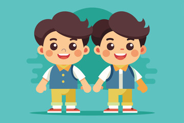 Fototapeta premium Cute twins dressed in colorful outfits stand side by side, smiling and holding hands happily, Twins Customizable Cartoon Illustration