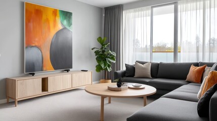 Fototapeta premium A sophisticated living room with a charcoal gray sofa, a light wood coffee table, and a vibrant abstract painting on the wall