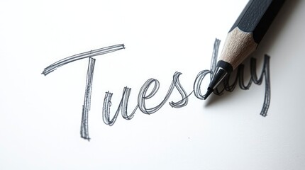 Writing Tuesday with Black Pencil on White Paper Closeup Shot