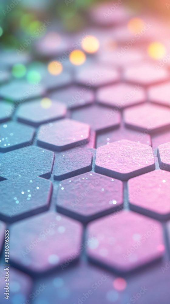 Aufkleber pink, blue hexagonal pattern sparkling with bokeh lights, representing digital technology and modern