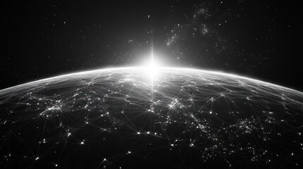 Obraz premium Global network of interconnected cities, seen from space, with a bright sun rising on the horizon. A grayscale image of a digital representation.