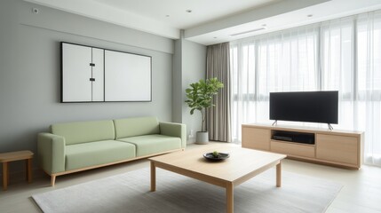 A spacious and modern living room with a pale green sofa, a square wooden coffee table, and a minimalistic black-and-white painting on the wall
