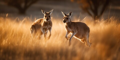 Naklejka premium Joey playfully chasing another young kangaroo through tall grass their movement frozen mid stride high speed shutter Their playful energy captured sharp detail motion blur subtly enhancing sense of