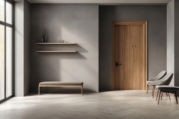 Modern minimalist hallway with wooden door, bench, and chairs.
