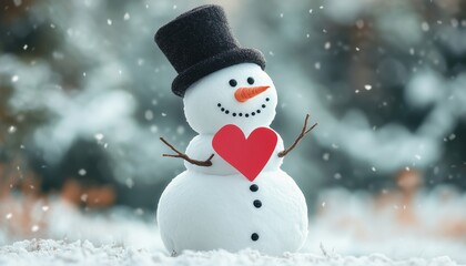Fototapeta premium Snowman Holding Paper Heart With Black Hat - Artistic Snowman In A Black Hat Holding A Paper Heart - Illustration.