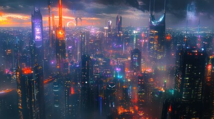 Obraz premium A futuristic metropolis skyline illuminated with colorful vibrant lights