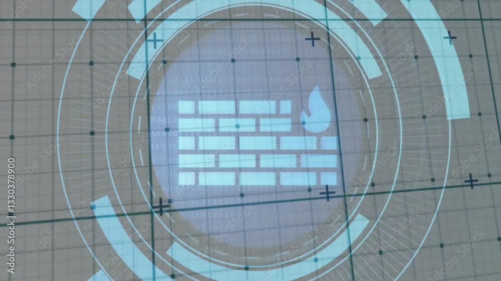 Poster animation of digital firewall with binary code and security symbols in background